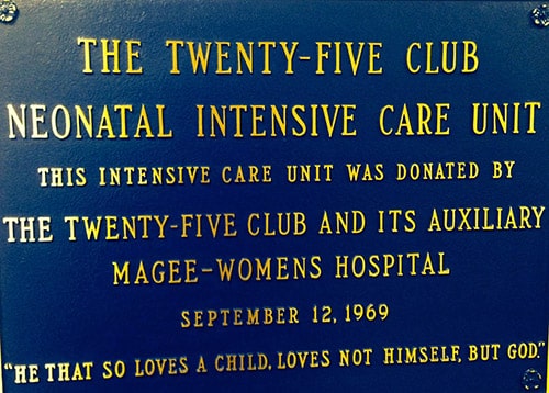 Plaque commemorating 25 Clubs donation of a Neonatal intensive care unit.